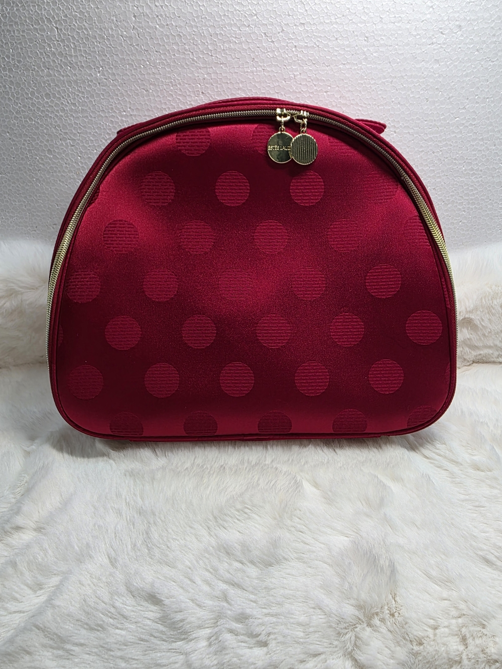 Estee Lauder Red Polka Dot Cosmetic Pouch with Gold Zippers
